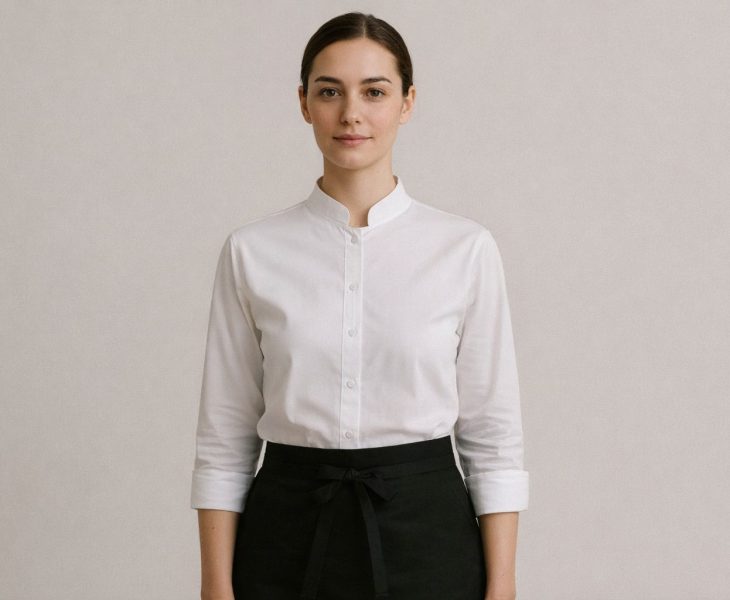 En kvinna i restaurangpersonal i vit skjorta med kinakrage och svart förkläde.