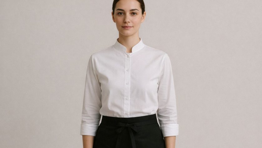 En kvinna i restaurangpersonal i vit skjorta med kinakrage och svart förkläde.