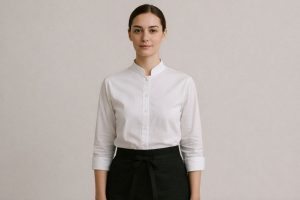 En kvinna i restaurangpersonal i vit skjorta med kinakrage och svart förkläde.