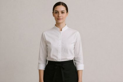 En kvinna i restaurangpersonal i vit skjorta med kinakrage och svart förkläde.