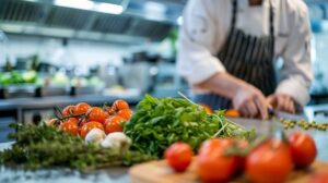 Kock förbereder färska grönsaker i ett restaurangkök