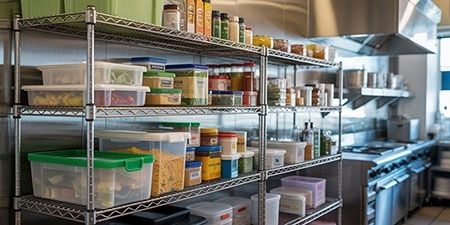 Restaurangkök med hyllor för ordnad förvaring av livsmedel